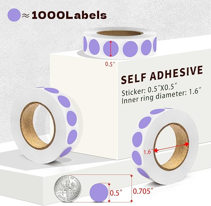1000PCS Lavender Colored Dot Stickers Round Coding Circle Label Stickers 0.5 inch Label in Dispenser Box for Office Classroom