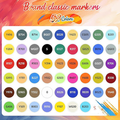 Caliart Alcohol Based Markers, 52 Colors Art Marker Set Fine & Chisel Dual Tip, Permanent Colored Pens for Adults Artists Coloring Book Illustration Sketch Lettering Drawing Cards Planner