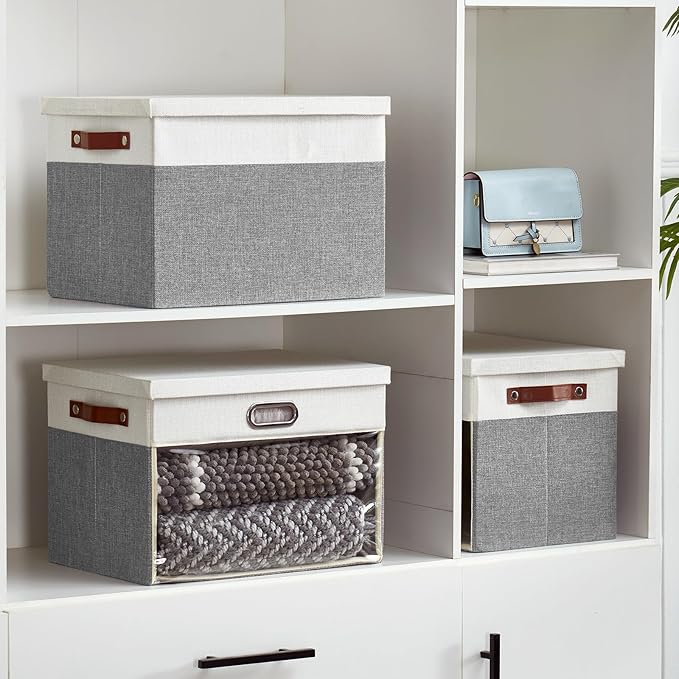 Fabric Clear Window Storage Bins with Lid, Closet Storage Box Linen Closet Baskets with 3 Handles for Organizing Clothing, Jeans, Shelves 17''- 3 Pack (Gray and White)