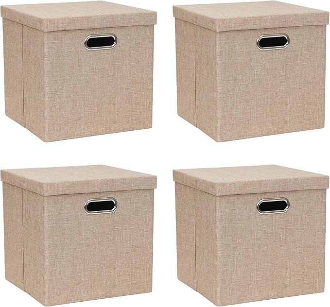 Storage Bins with Lids, Collapsible Linen Fabric Boxes Organizer Containers with Lid Foldable Storage Box Basket for Closet, Shelves, Home, Office, 11 x 11 x 11.4 Inch, 4 Pack, Khaki