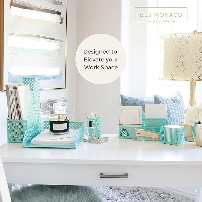 BLU MONACO Aqua - Teal 6 Piece Cute Desk Organizer Set - Desk Organizers and Accessories for Women - Cute Office Desk Accessories - Desktop Organization