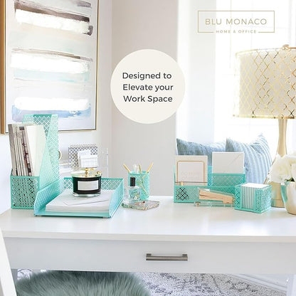 BLU MONACO Aqua - Teal 6 Piece Cute Desk Organizer Set - Desk Organizers and Accessories for Women - Cute Office Desk Accessories - Desktop Organization