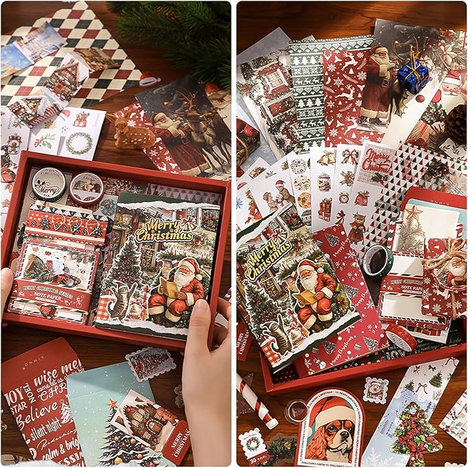 Christmas Scrapbooking Supplies Kit: New Year Festival Scrapbook Kit, Vintage Junk Journal Supplies with Aesthetic Scrapbook Stickers, Journaling Supplies, Craft Christma Gift for Teen Girl Kid Women