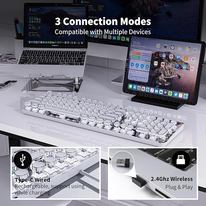 TK950 Wireless Typewriter Keyboard and Mouse Combo,104 Keys Retro Typewriter Mechanical Keyboard with White Backlit, Anti-Ghosting, Blue Switch, Bluetooth/2.4G/Wired Cute Gaming Keyboards-White