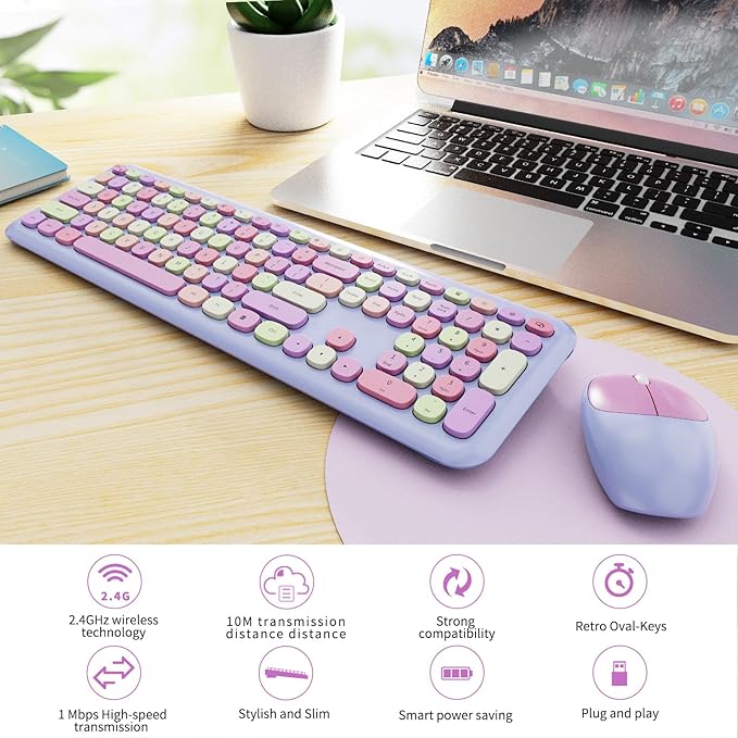 Wireless Keyboard and Mouse Combo, Colorful Ergonomic Full Size Retro Low-Noise Keyboard with Cute keycaps, Compatible with Windows, PC, Perfer for Home and Office Keyboards (Purple)