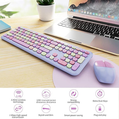 Wireless Keyboard and Mouse Combo, Colorful Ergonomic Full Size Retro Low-Noise Keyboard with Cute keycaps, Compatible with Windows, PC, Perfer for Home and Office Keyboards (Purple)