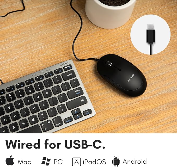 Macally Wired USB C Mouse for Mac and PC - Slim, Quiet, and Reliable - 4 DPI Mode Type C for Laptop, MacBook Pro/Air, iMac - Wired Mice USBC