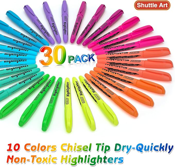 Shuttle Art Highlighters, 30 Pack Highlighters Assorted Colors, 10 Colors Chisel Tip Dry-Quickly Non-Toxic Highlighter Markers for Adults Kids Highlighting in Home School Office