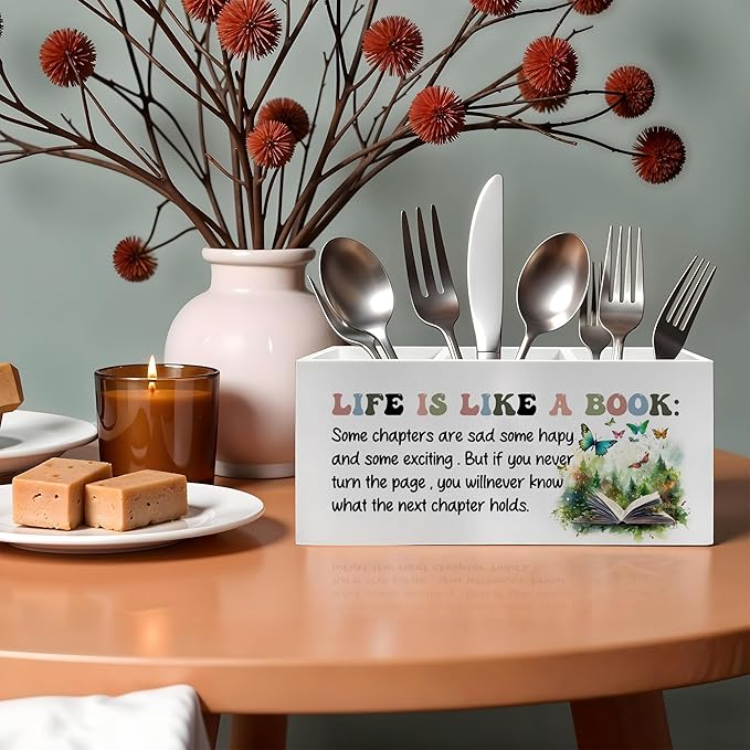 Inspirational Pencil Pen Holder for Desk, Life Is Like A Book Wooden Pencil Holder Organizer for Home Office Library Desk Accessories, Encouragement Gifts for Women