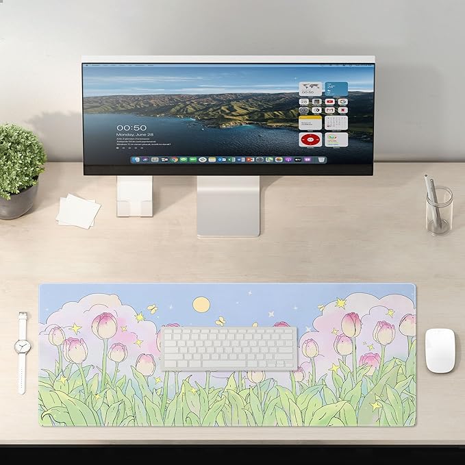 Kawaii Flower Mouse Pad Large Desk Mat Extended Keyboard Mouse Pad Cute XL Mousepad with Non-Slip Base and Stitched Edge Plant MouseMat Desk Pad 31.5 x 11.8 in Mouse Pads for Desk Home Office Gaming