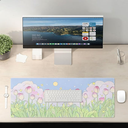 Kawaii Flower Mouse Pad Large Desk Mat Extended Keyboard Mouse Pad Cute XL Mousepad with Non-Slip Base and Stitched Edge Plant MouseMat Desk Pad 31.5 x 11.8 in Mouse Pads for Desk Home Office Gaming
