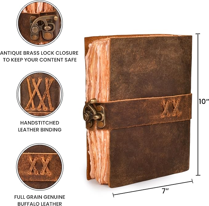 LEATHER VILLAGE Leather Bound Vintage Journal for Women & Men - Book of Shadows - Lock Closure - 200 Pages of Antique Deckle Edges Handmade Paper - Rustic Brown Color - 10 X 7 inches