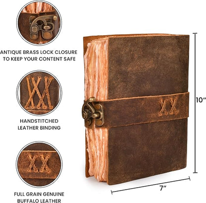 LEATHER VILLAGE Leather Bound Vintage Journal for Women & Men - Book of Shadows - Lock Closure - 200 Pages of Antique Deckle Edges Handmade Paper - Rustic Brown Color - 10 X 7 inches
