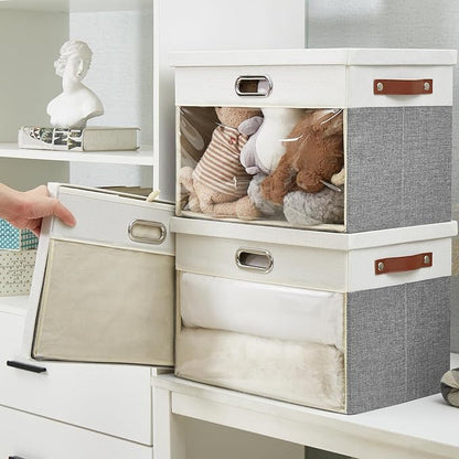 Fabric Clear Window Storage Bins with Lid, Closet Storage Box Linen Closet Baskets with 3 Handles for Organizing Clothing, Jeans, Shelves 17''- 3 Pack (Gray and White)