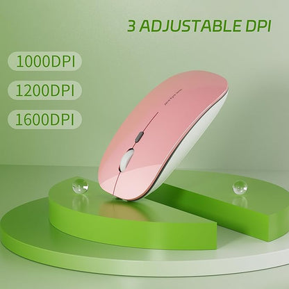 Uciefy Q5 Slim Rechargeable Wireless Mouse, 2.4G Portable Optical Silent Ultra Thin Wireless Computer Mouse with USB Receiver and Type C Adapter, Compatible with PC, Laptop, Desktop (Pink)