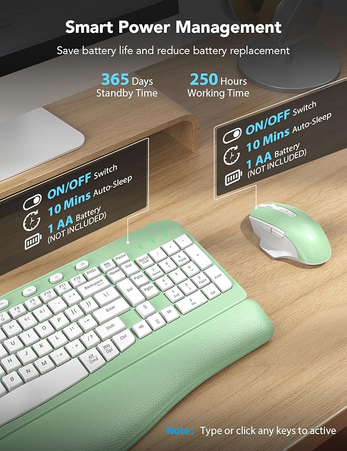 SABLUTE Wireless Keyboard and Mouse Combo, Ergonomic Wave Keys, Cushioned Plam Rest, Comfortable Silent Natural Typing, 2.4G Lag-Free, Full Size Keyboards Cordless Set for Multi-OS, Windows/Mac, Green