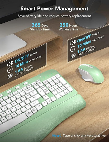 SABLUTE Wireless Keyboard and Mouse Combo, Ergonomic Wave Keys, Cushioned Plam Rest, Comfortable Silent Natural Typing, 2.4G Lag-Free, Full Size Keyboards Cordless Set for Multi-OS, Windows/Mac, Green