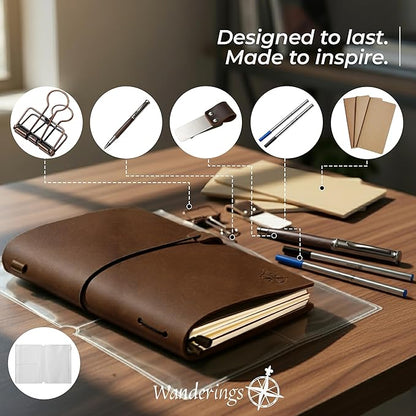 WANDERINGS Regular Size Travelers Notebook/Handcrafted Genuine Leather Journal - 4.5"x8.5" / 11.5cm x 22cm - Includes a Pen Holder with a Pen and 2 extra Ink Refills, a PVC Folder, and a Binder Clip