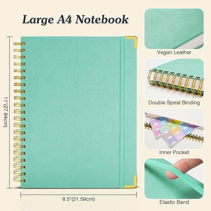 Bullet Dotted Journal Spiral Notebook, 300 Pages Leather Notebooks with Contens, 120 GSM Thick No Bleed Through Paper Journals, A4 Large Dot Grid Notebook for Women Men Work Writing, 8.5" x 11", Green