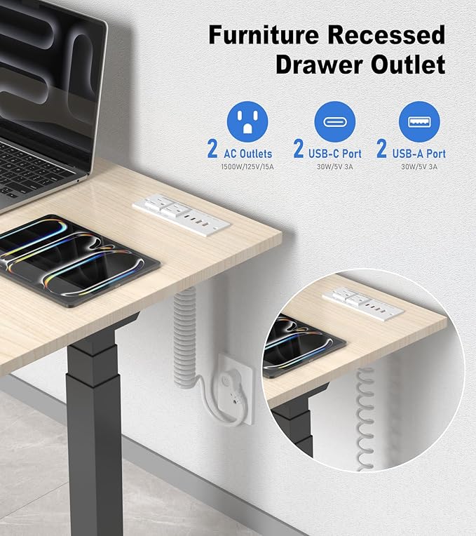 Drawer Outlet, Furniture Recessed Power Strip with 4 PD 30W USB Ports & 2 AC Outlets, Recessed Outlet for Conference Rooms, Office Tables, Furniture, 10FT Spring Cord (ETL Listed)