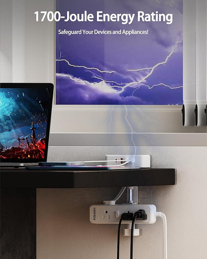 Dual Layer Desk Clamp Power Strip（White）, Desktop Edge Mount Charging Station with 13 Outlets 4 USB Ports (2 USB C), Under Desk Surge Protector(1700 Joules), 10 Ft Extension Cord for Office