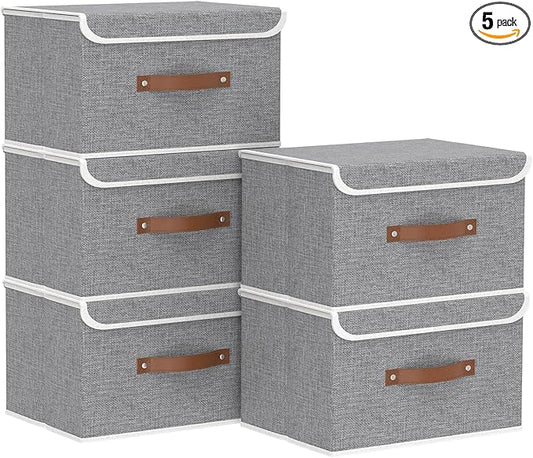 Yawinhe Collapsible Storage Boxes, Foldable Bin with Lids, Cube Clothes Organizer Basket with Handles, Grey, 13.0''Lx9.0''Wx7.9''H, 5-Pack, SNK024GS-5