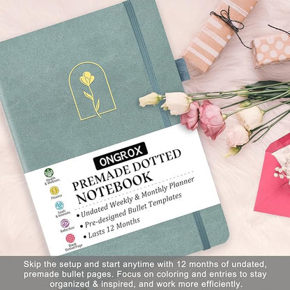 Premade Bullet Style Notebook with Undated Weekly & Monthly Planner, Dotted Journal with Pre-made Bullet Planner Stencils, Dot Grid Journaling with Habits & Mood Tracker, 12 Month Organization, A5