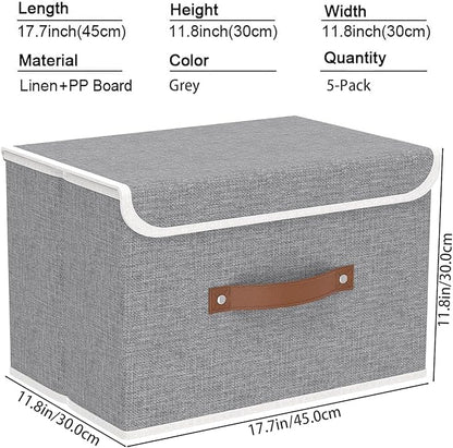 Yawinhe Storage Bins with Lids, Closet Baskets, Washable and Leather Handle, Collapsible Boxes for Home, Grey, 17.7''Lx11.8''Wx11.8''H, 5-Pack, USNK024GX-5