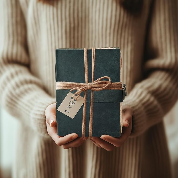 LEATHER VILLAGE Leather Bound Vintage Journal for Women & Men - Book of Shadows - Lock Closure - 200 Pages of Antique Deckle Edges Handmade Paper - Turquoise Color - 7 X 5 inches