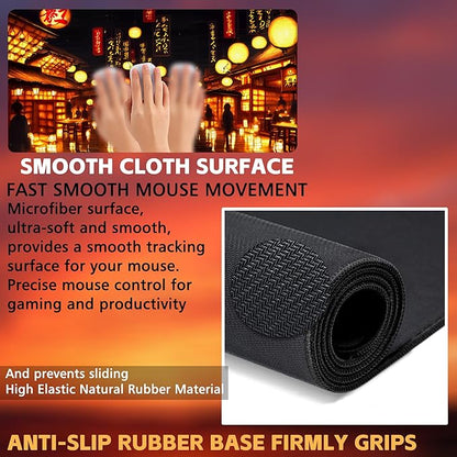 Desk Mat, City Lantern Night Scene Desk Pad, Japanese Traditional House Large Gaming Mouse Pad, 31.5"x15.7" Extended Big Keyboard Mouse Pad with Non-Slip Base and Stitched Edge