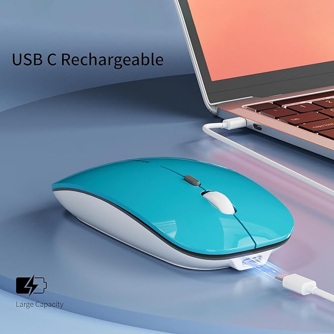 Uciefy Q5 Slim Rechargeable Wireless Mouse, 2.4G Optical Silent Ultra Thin Wireless Computer Mouse with USB Receiver and Type C Adapter, Compatible with PC, Laptop, Desktop (Blue)