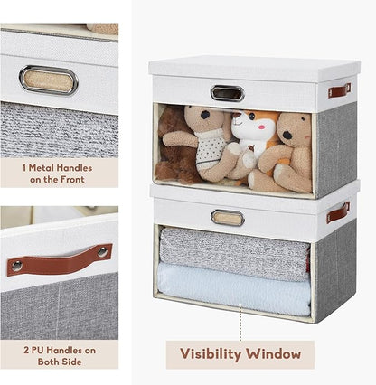Fabric Clear Window Storage Bins with Lid, Closet Storage Box Linen Closet Baskets with 3 Handles for Organizing Clothing, Jeans, Shelves 17''- 3 Pack (Gray and White)