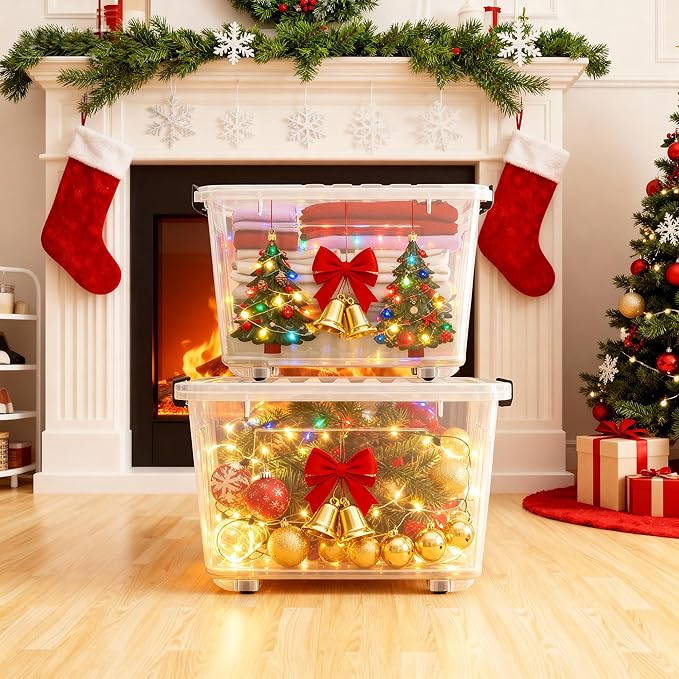 Nazhura 97Quart Plastic Storage Bin, Stackable and Nestable Storage Boxes with Clear Lids and Secure Latching Buckles, Large Storage Container (Clear, 97Quart-6Pack)