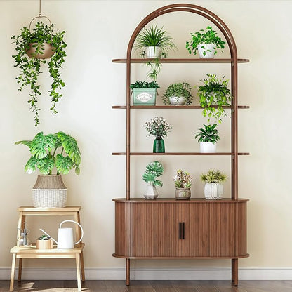 79" Tall Arched Bookshelf with Sliding Tambour Doors, Mid Century Modern Curved Bookcase Cabinet with Storage, 4-Tier Open Display Storage Shelf for Home Office,Living Room (Walnut, 79inch)