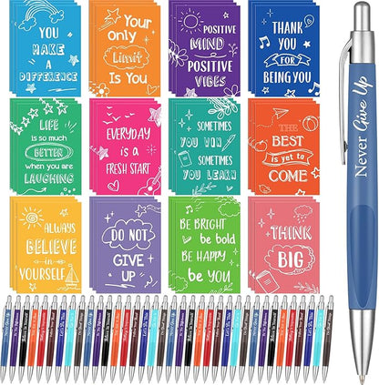 Yeaqee 72 Pcs Motivational Pens Notepads Gifts Set Inspirational Quote Ballpoint Pen Small Notebook Mini Journal Bulk Present Idea for Teacher Coworker Gifts Women Office School(Uplifting)