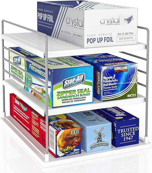 Pantry Organizers and Storage, Foil and Plastic Wrap Organizer- Divided Compartment Holder for Aluminum Foil&Wraps&Baggie Boxes, Upgraded Shelf Organizer for Pantry Organizer, Pantry Storage