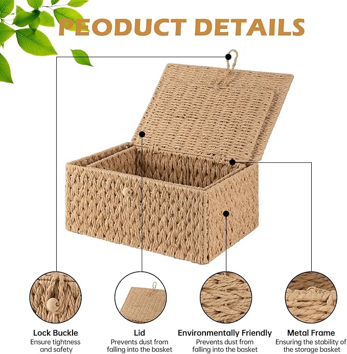 OIAHOMY Wicker Storage Basket with Lid & Lock, Lidded Storage Bins, Decorative Baskets for Organizing, Set of 2-Natural