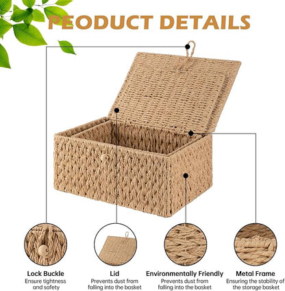 OIAHOMY Wicker Storage Basket with Lid & Lock, Lidded Storage Bins, Decorative Baskets for Organizing, Set of 2-Natural