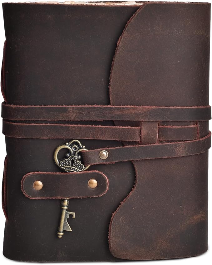 LEATHER VILLAGE Vintage Leather Journal – 200 Handmade Vintage Deckle Edge Paper – Leather bound Journal For Women Men – Vintage Key Closure - Book of Shadows - Chocolate Brown - 13X8 inches