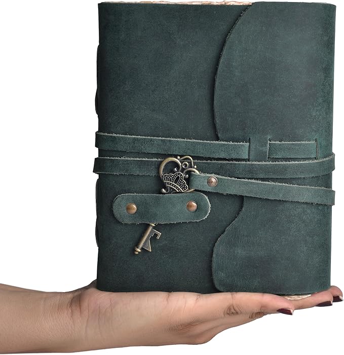 LEATHER VILLAGE Vintage Leather Journal – 200 Handmade Vintage Deckle Edge Paper – Leather bound Journal For Women Men – Vintage Key Closure - Book of Shadows - Turquoise - 10X7 inches
