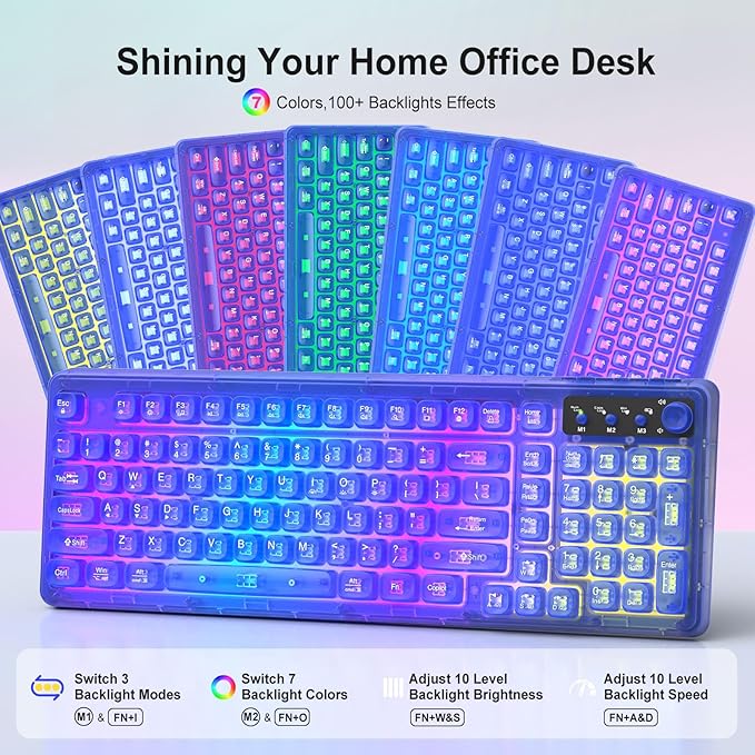 Blue Light Up Keyboard and Mouse Wireless,Cute 2.4Ghz Cordless Rechargeable Transparent Backlit Keyboard,15 Backlight Effects,Volume Knob,RGB Mouse with 3 DPI for Mac Computer PC Laptop Desktop iPad