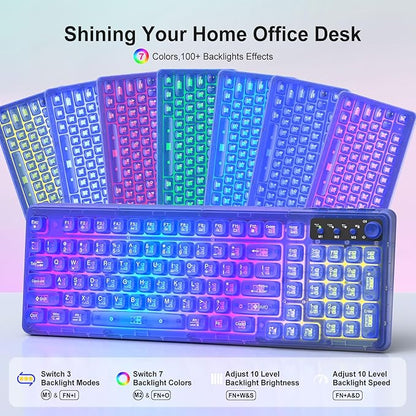 Blue Light Up Keyboard and Mouse Wireless,Cute 2.4Ghz Cordless Rechargeable Transparent Backlit Keyboard,15 Backlight Effects,Volume Knob,RGB Mouse with 3 DPI for Mac Computer PC Laptop Desktop iPad