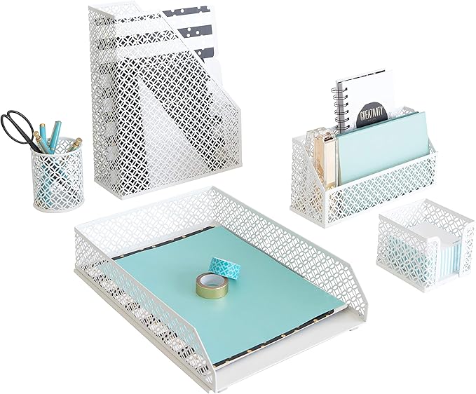 BLU MONACO White Desk Organizer Set – 6-Piece Desk Accessories for Mail, Sticky Notes, Pens, Magazines & Documents