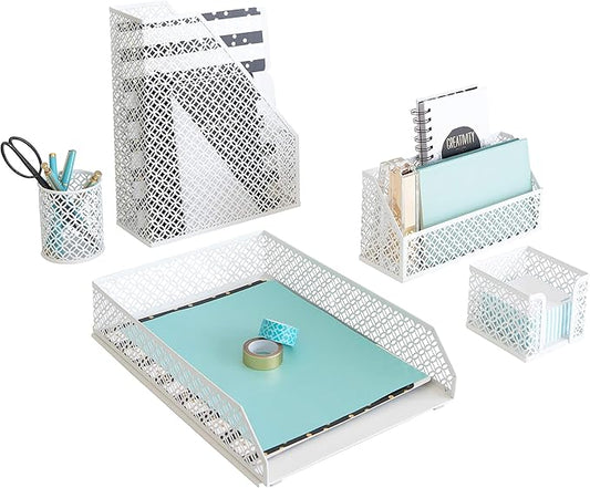 BLU MONACO White Desk Organizer Set – 6-Piece Desk Accessories for Mail, Sticky Notes, Pens, Magazines & Documents