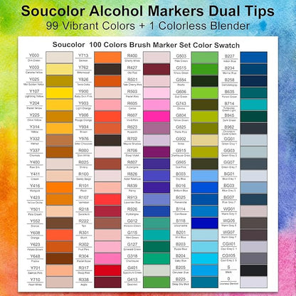 Soucolor Alcohol Markers Set, 100 Colors Dual Tip Brush Art Alcohol Markers, School Office Teacher Supplies for Kids and Adults Coloring Drawing Sketching Book Painting Card Making Illustration