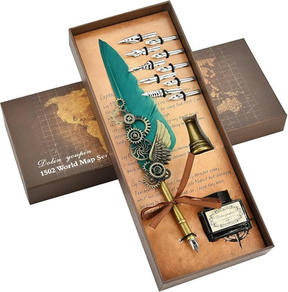 Hethrone Calligraphy Pens - Caligraphy Pens for Writing Feather Pen Quill Pen and Ink Set with Black Ink 10 Replaceable Nibs Gift Set (Green)