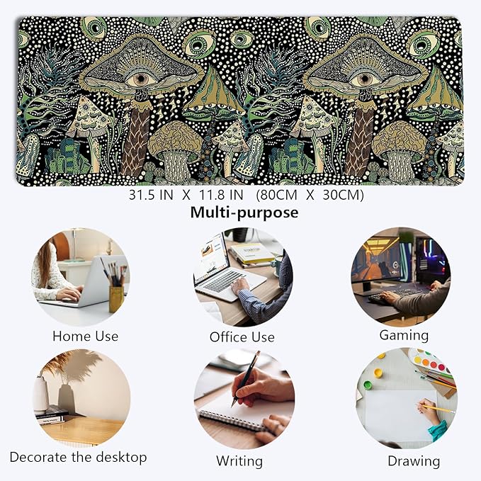 Boho Mushroom Mouse Pad,Dark Green Cottagecore Mushrooms Desk Mat,XL Large Magic Mouse Pads for Dorm Home Office Desktop Decor Art,31.5x11.8 Inch