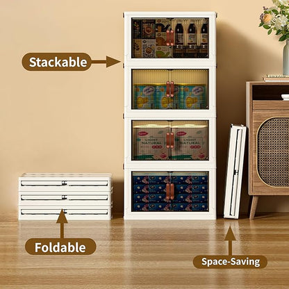 35 QT Collapsible Stackable Plastic Storage Bins with Lids & Wheel, Multifunctional Folding Storage Cabinet Containers with Door for Clothes, Home, Room, White, 4 Tiers
