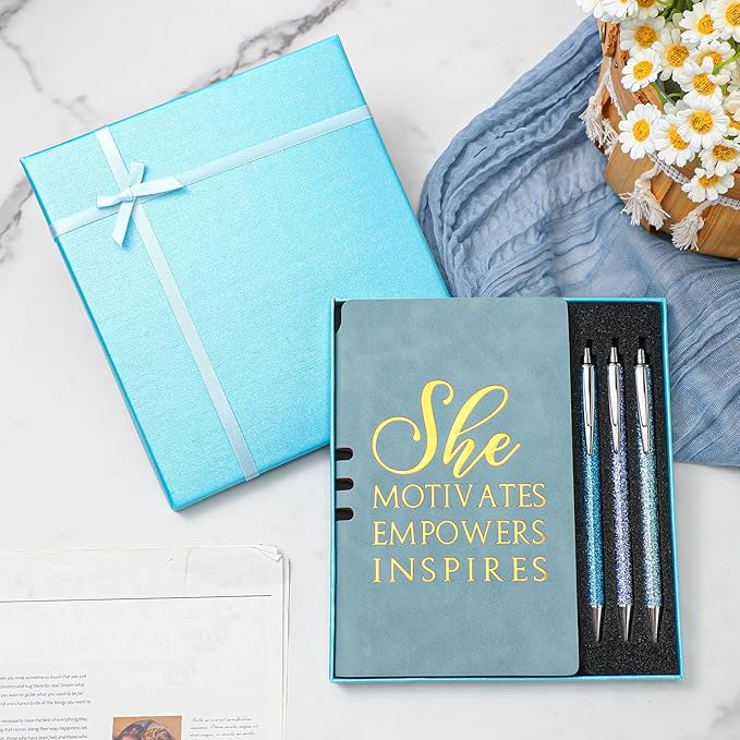 5 Pcs Boss Gifts for Women Set Leather Journal Ballpoint Pens with Box Thank You Employee Appreciation Thanksgiving Christmas Gifts for Female Leader Birthday Bestie Coworker (Blue)