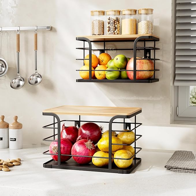 2 Pack Potato and Onion Storage Bin,Stackable Pantry Organizers and Storage with PP Liner and Bamboo Top,Kitchen Storage Organization Counter Basket for Fruits,Produce,Vegetable, Black